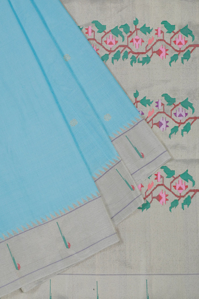 Sky Blue Handloom Pure Silk Muniya Paithani Saree with Asawali Pallu