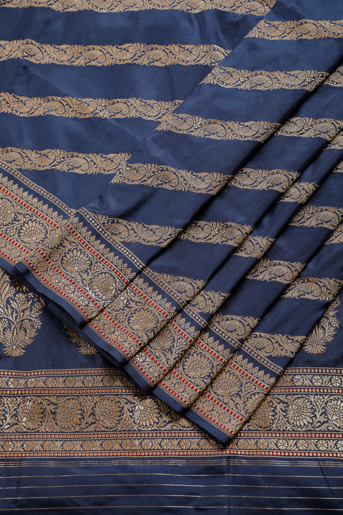 Navy Blue Real Zari Pure Silk Benarasi Saree - Revival Design
