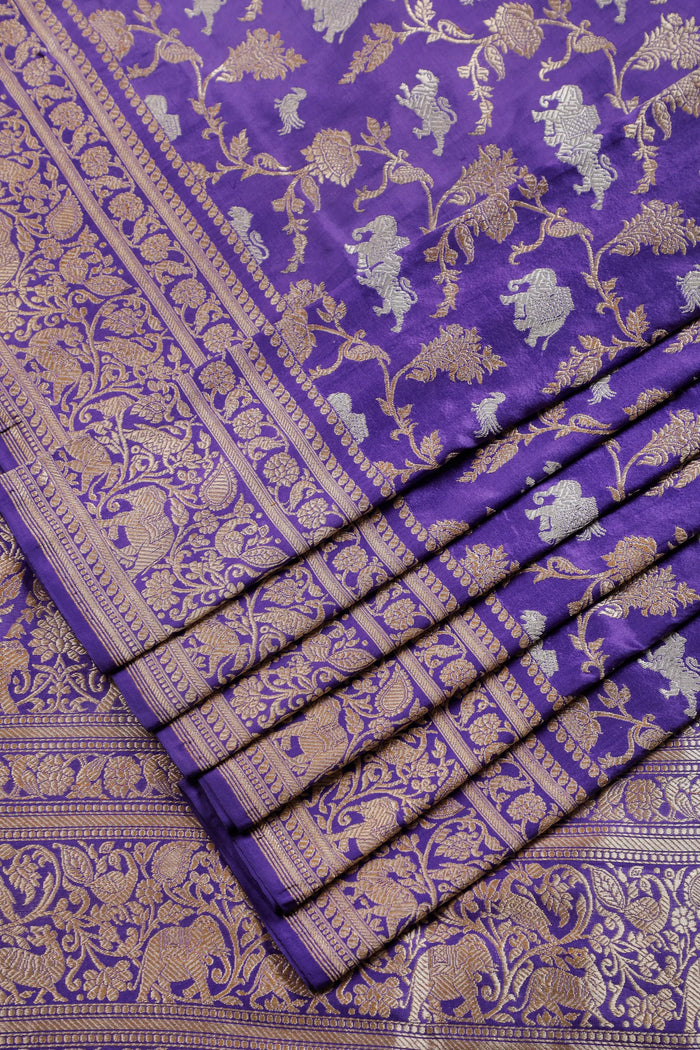 Deep Purple Handloom Real Zari Pure Silk Benarasi Saree - Shikargah Design
