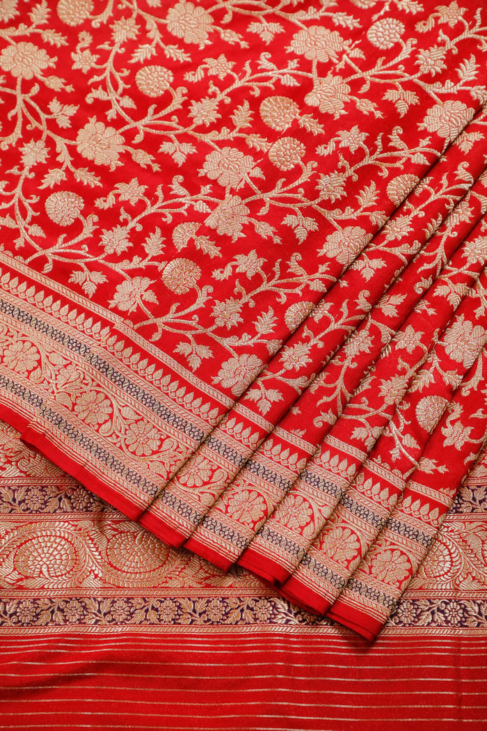 Red Real Zari Pure Silk Benarasi Saree - Revival Koniya Design