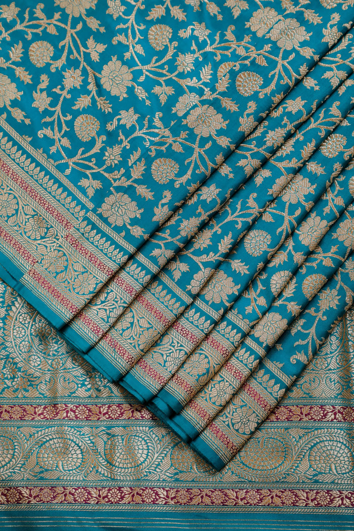 Teal Blue Real Zari Pure Silk Benarasi Saree - Revival Koniya Design