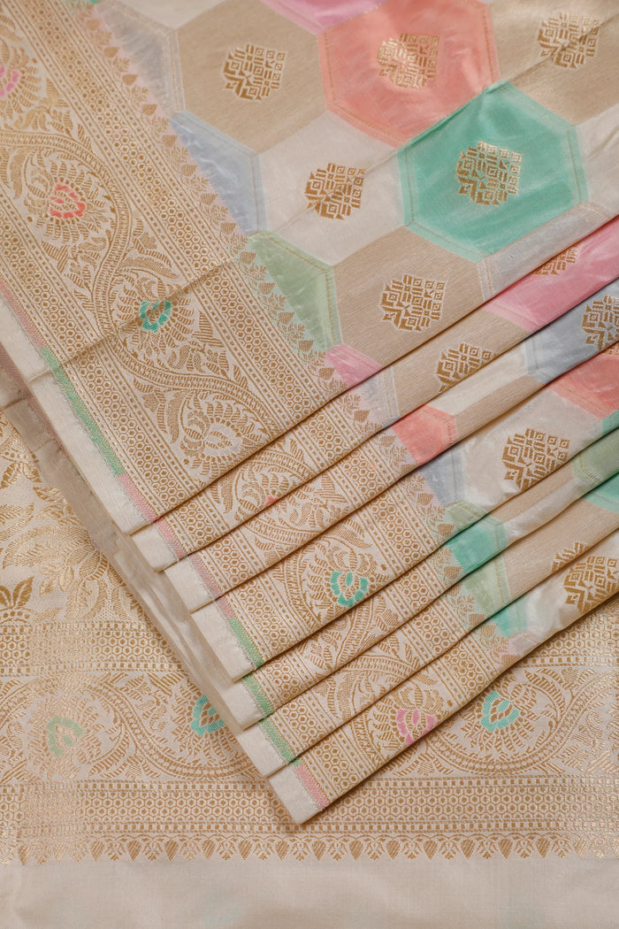 Multicoloured Pastel Handloom Benarasi Pure Silk Rangkat Saree with Small Buttis