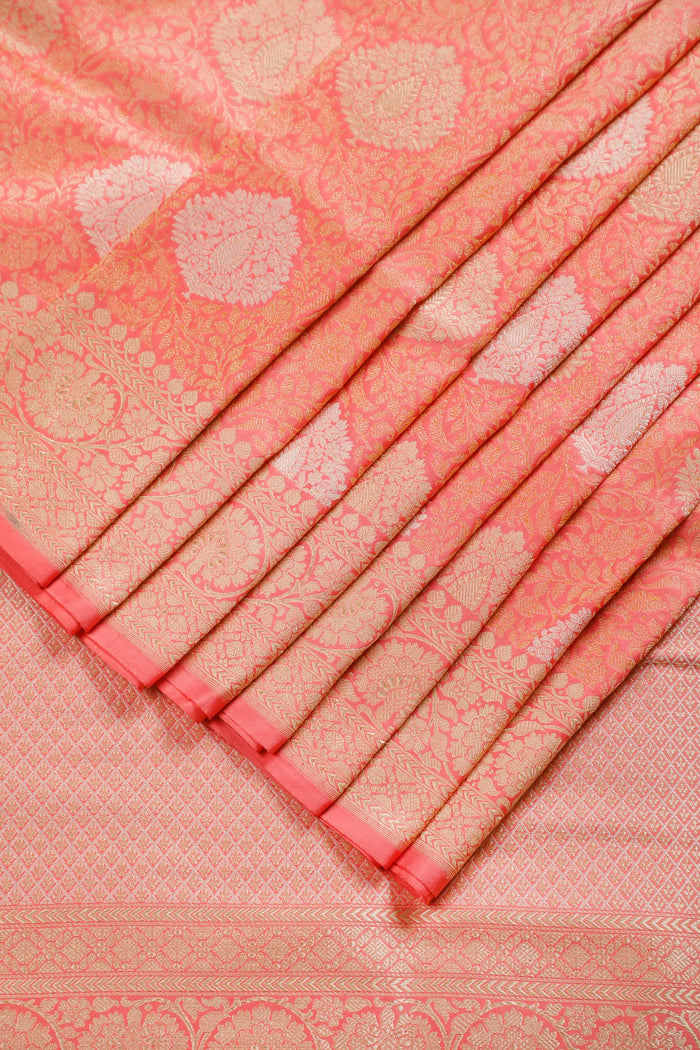 Peach Handloom Benarasi Brocade Katan Silk Saree