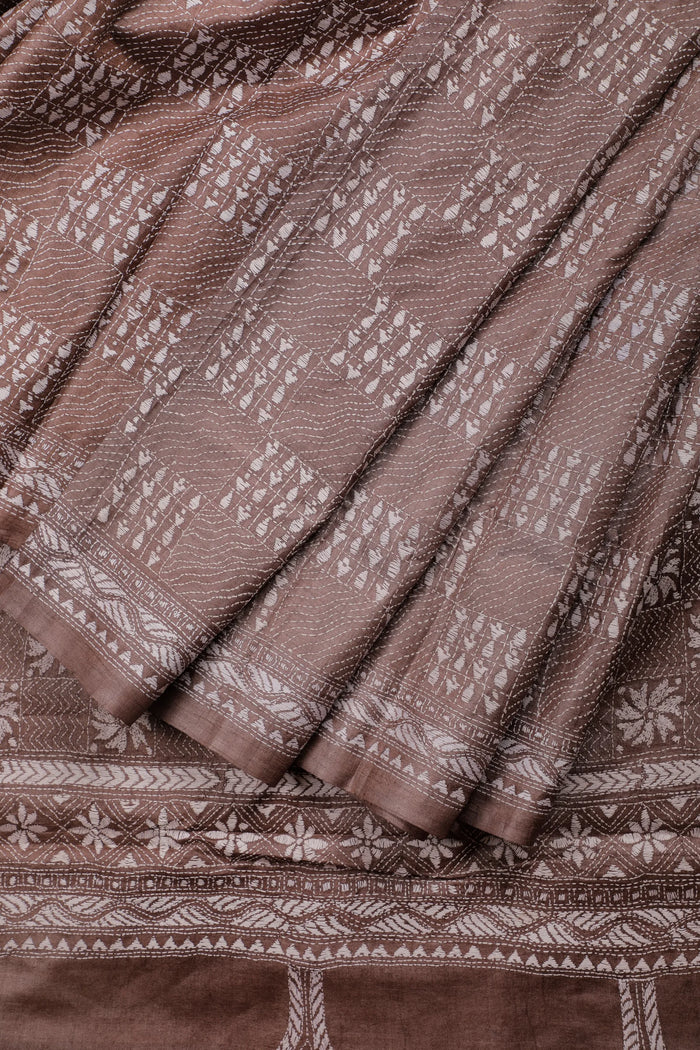 Brown Handloom Tussar Pure Silk Saree with Katha Work