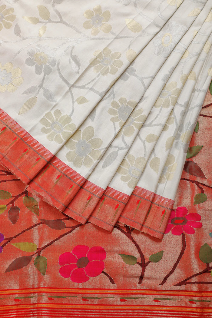 Off-White Pure Silk Handloom Tissue Paithani with All Over Design & Sonaroopa Zari