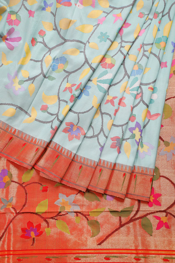 Pastel Blue Pure Silk Handloom All Over Paithani Saree - Silk by Silk
