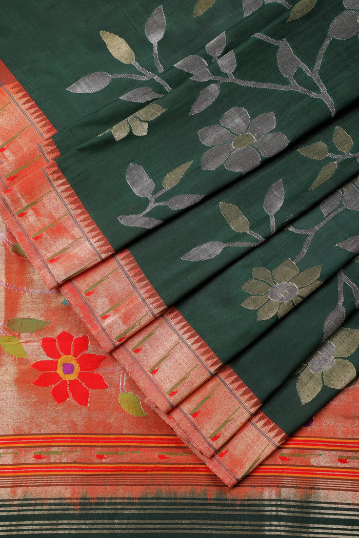 Dark Green Pure Silk by Silk Handloom Paithani Saree with All Over Design