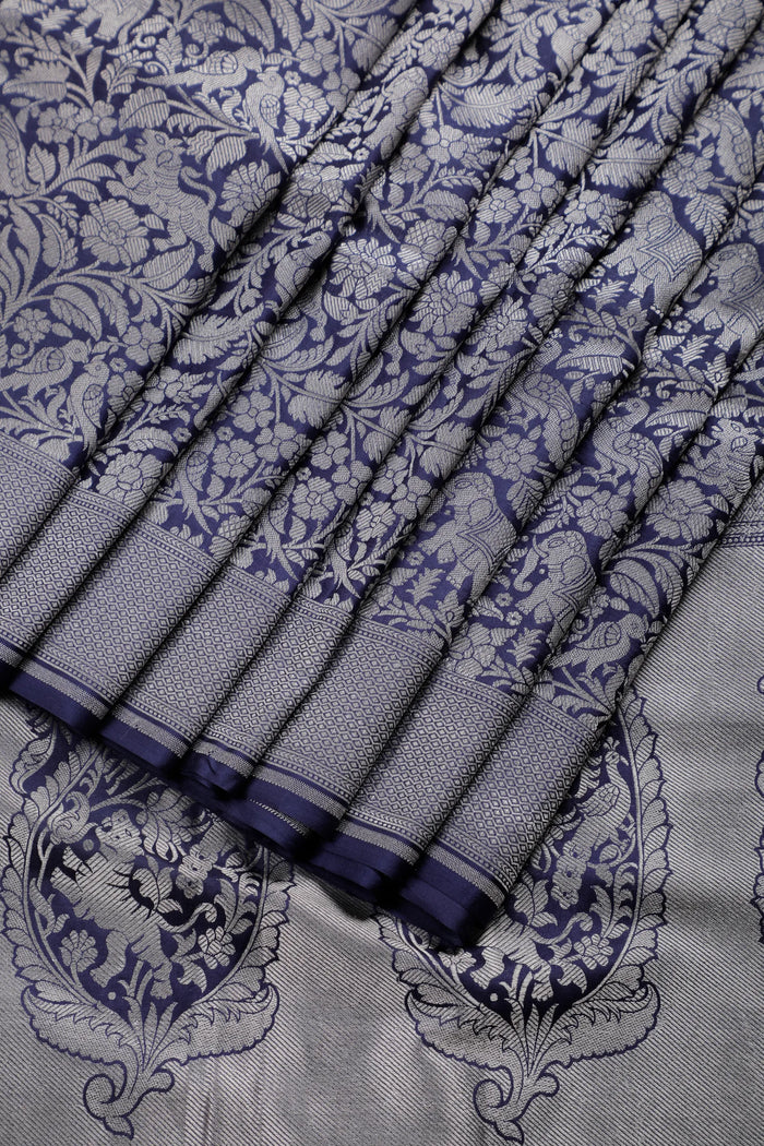 Ink Blue Handloom Benarasi Katan Silk Saree - Shikargah Design