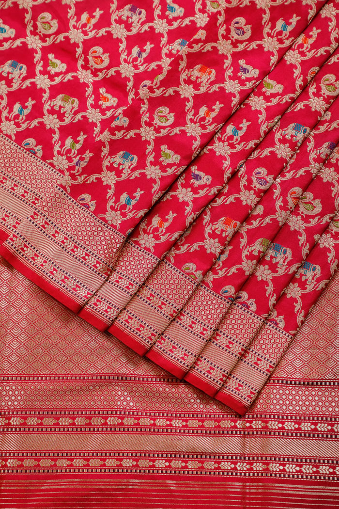 Hot Pink Real Zari Pure Silk Benarasi Saree - Revival Design with Meenakari Work