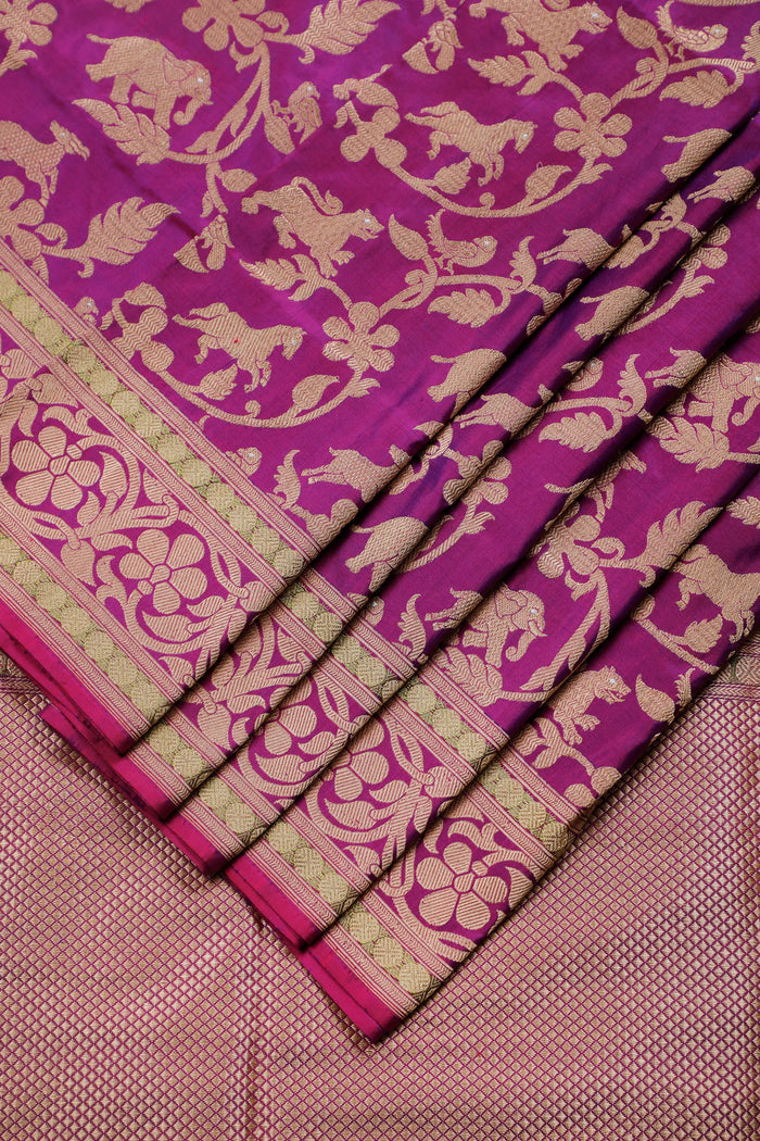 Purple Handloom Real Zari Pure Silk Benarasi Saree with Shikargah Design