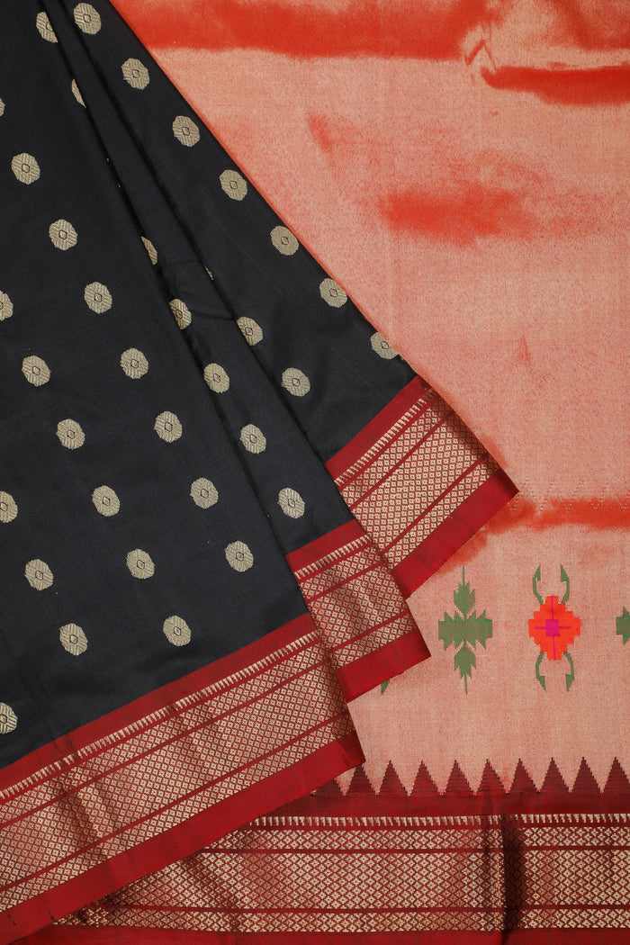 Black Handloom Pure Silk Paithani Saree - Revival Design of Raja Ravi Varma Painting - detail 2