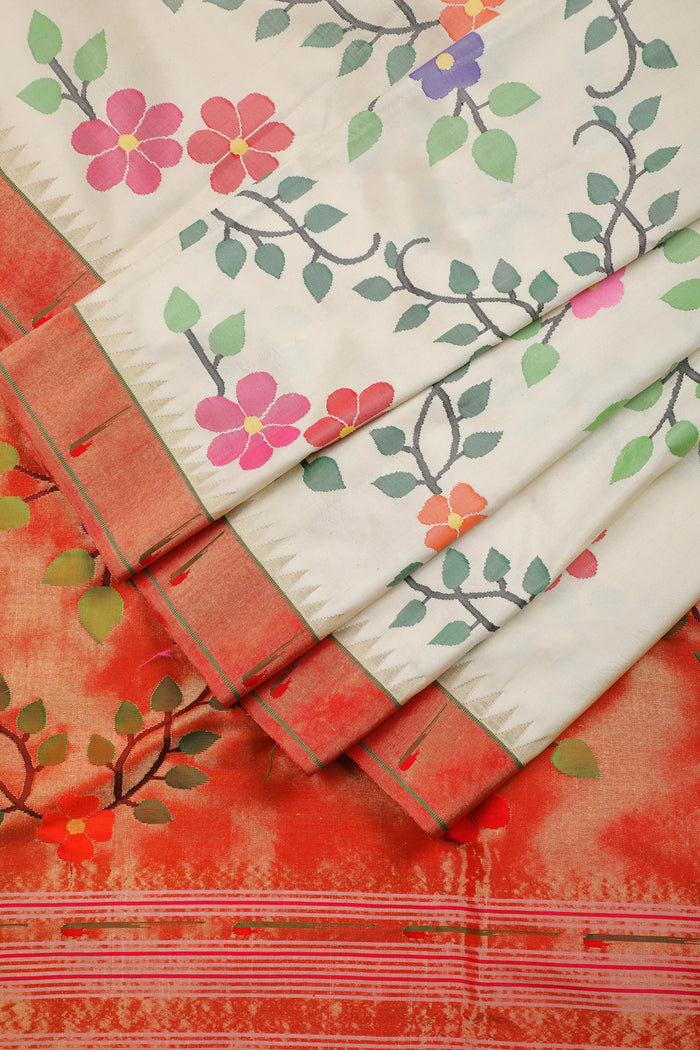 Pearl White Pure Silk by Silk Handloom Paithani Saree with All Over Design
