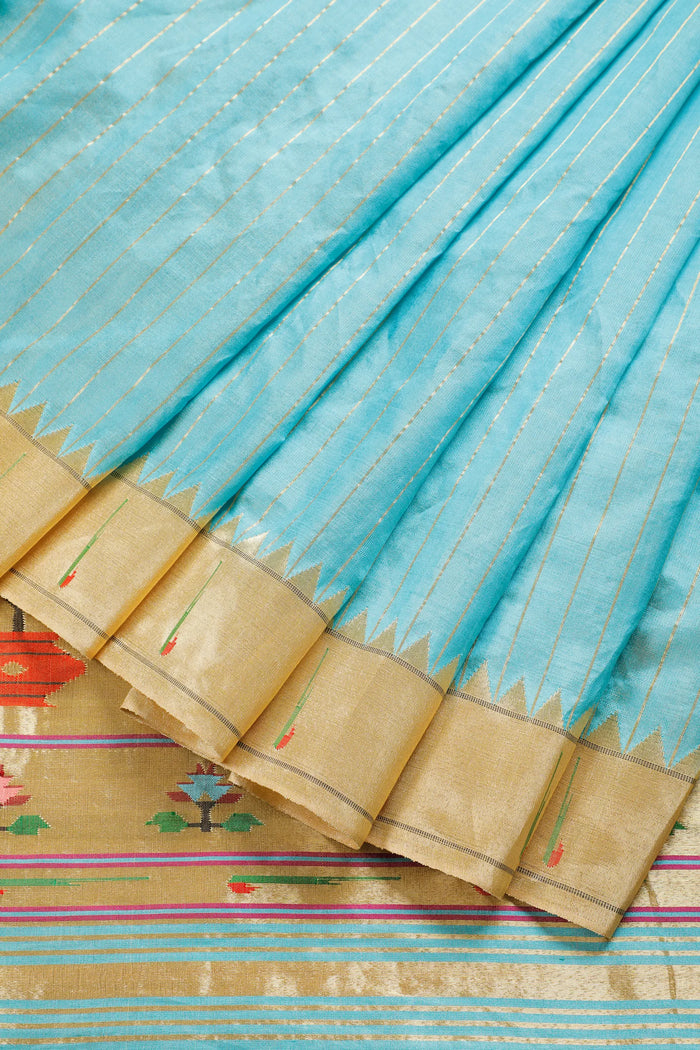 Sky Blue Pure Silk Handloom Paithani Tissue Saree with Asawali Pallu - Revival Design