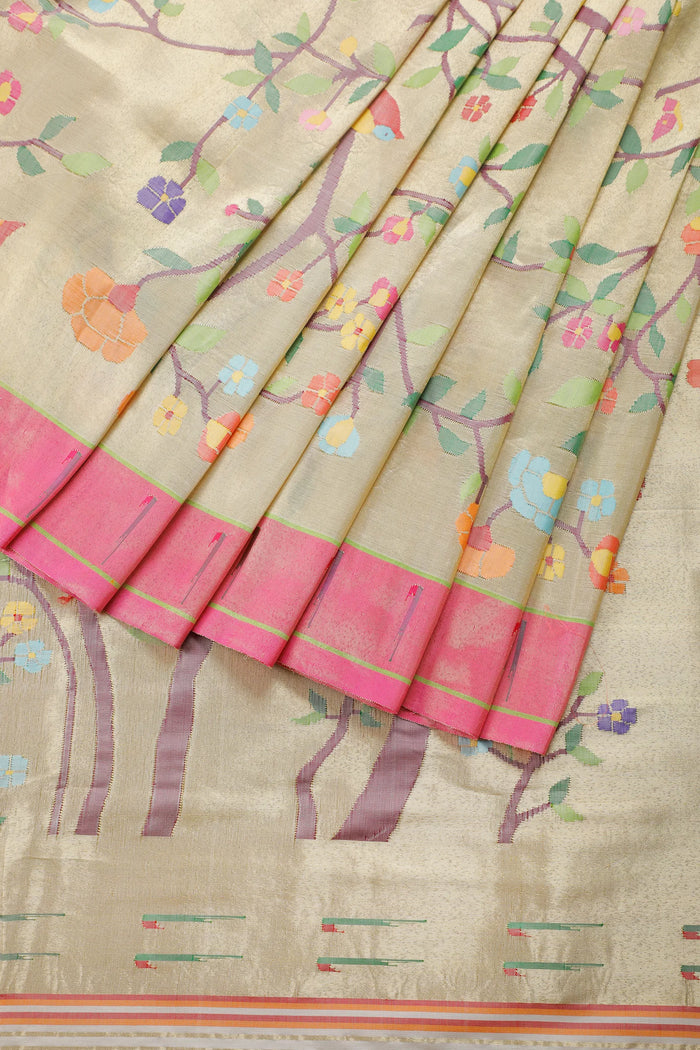 Off-White Pure Silk Handloom Tissue Paithani with All Over Design