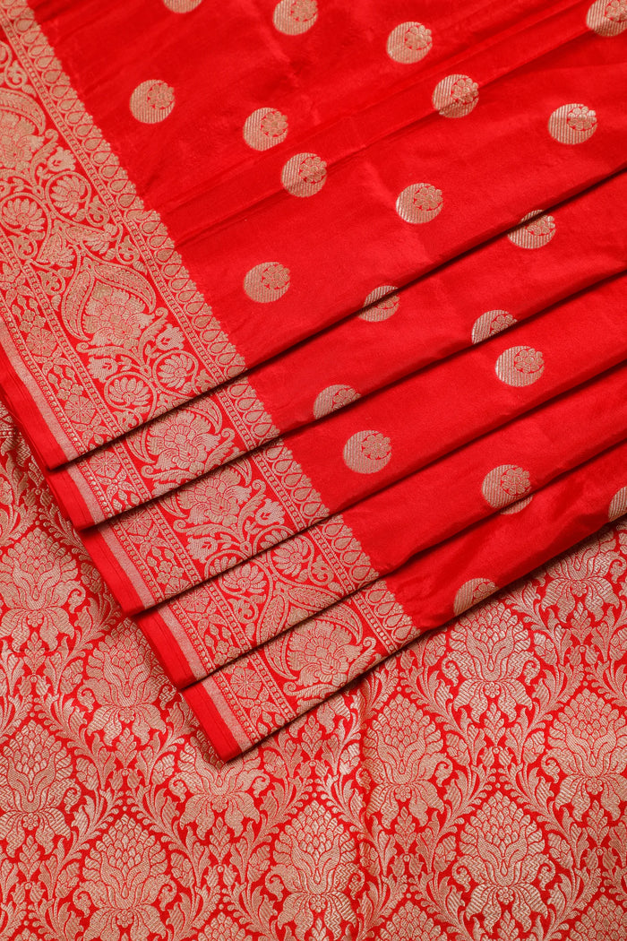 Tomato Red Handloom Benarasi Katan Silk Saree with Chandrakala Buttis