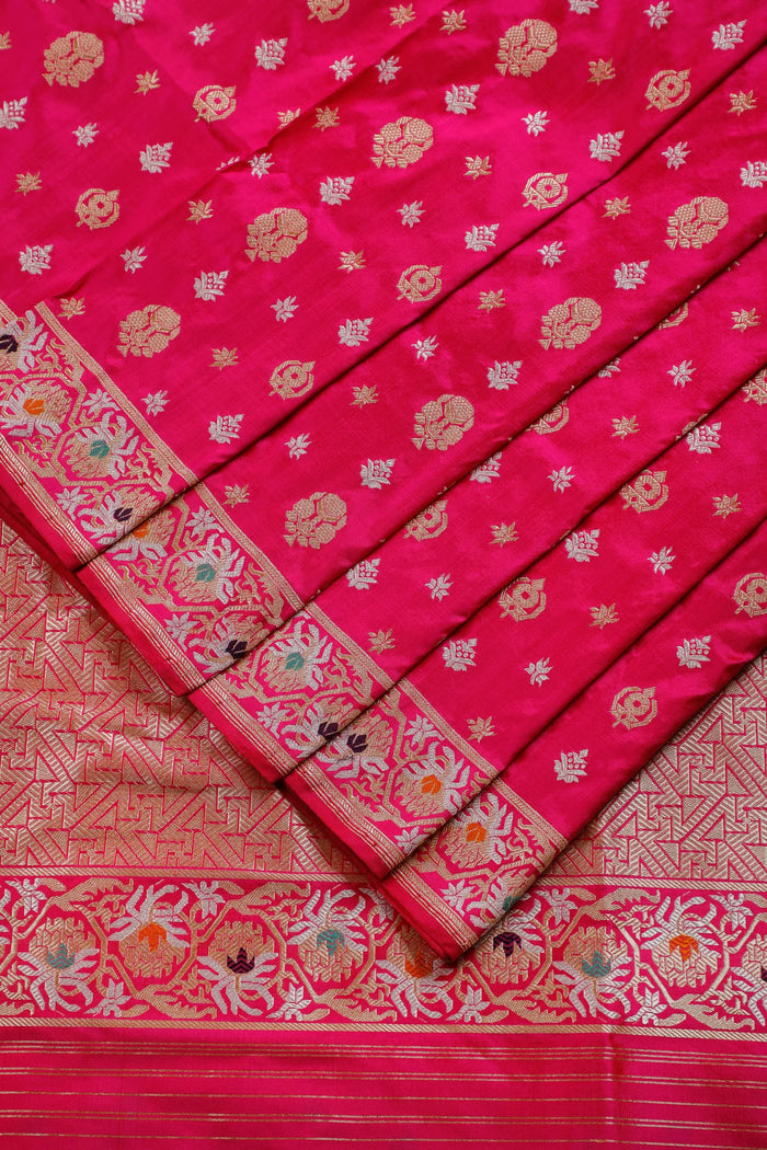 Hot Pink Real Zari Pure Silk Benarasi Saree - Revival Design