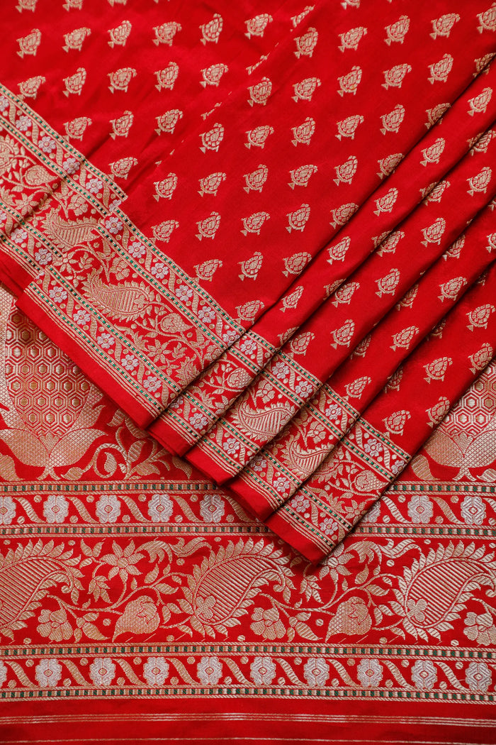 Red Real Zari Pure Silk Benarasi Saree - Revival Design with Paisley Borders