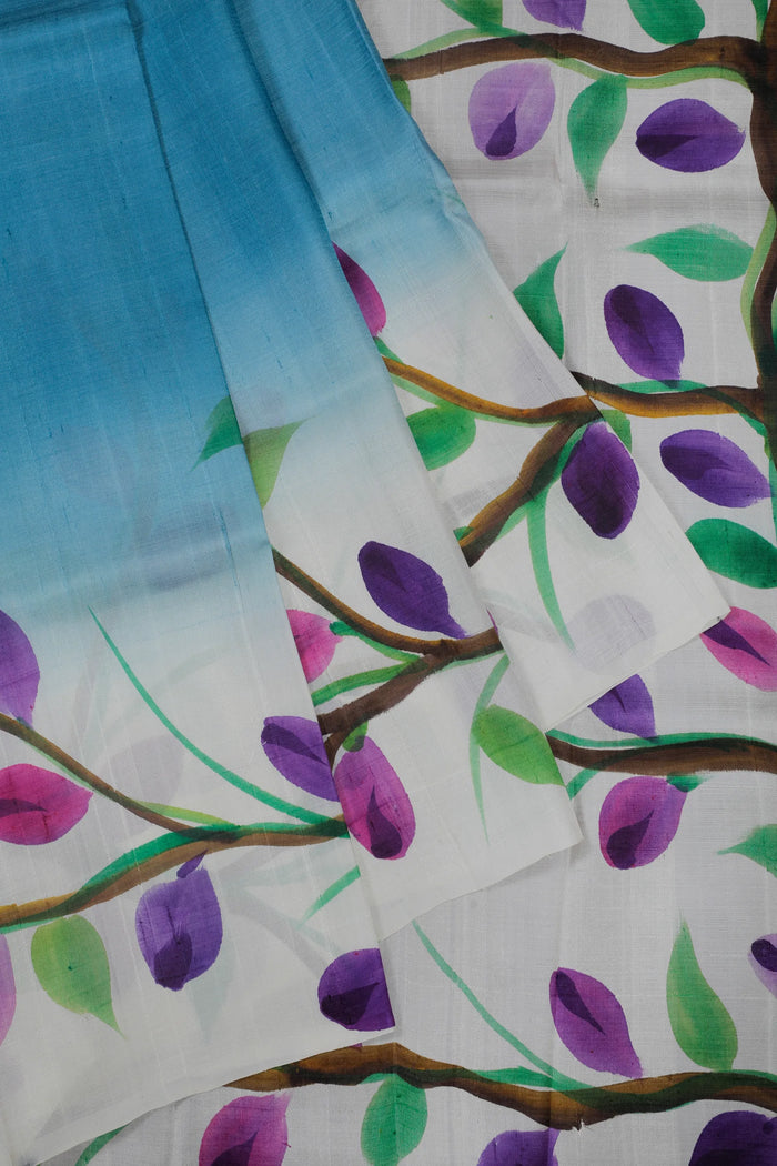 White & Blue West Bengal Pure Silk Hand Painted Saree