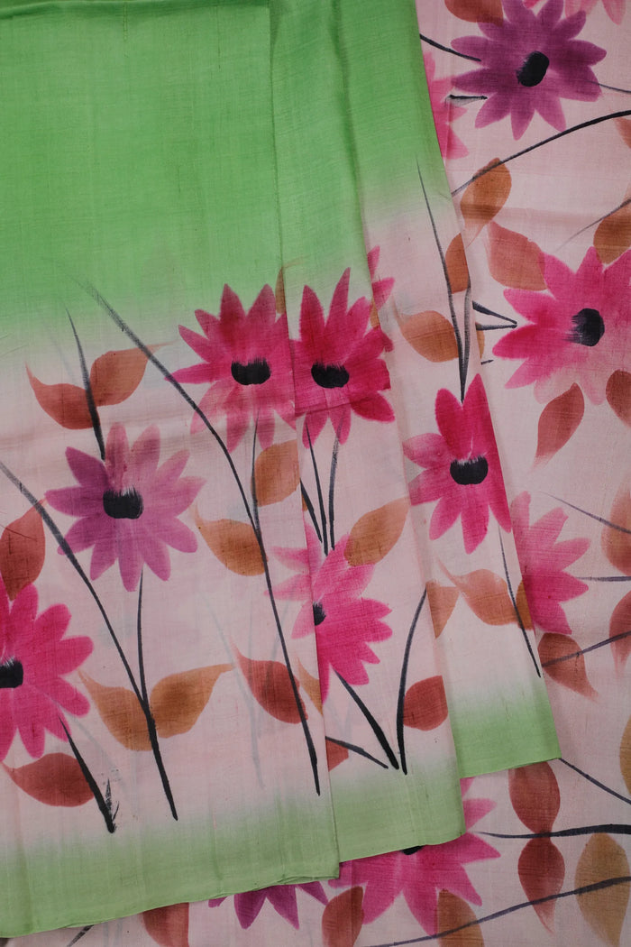 White & Green West Bengal Pure Silk Hand Painted Saree