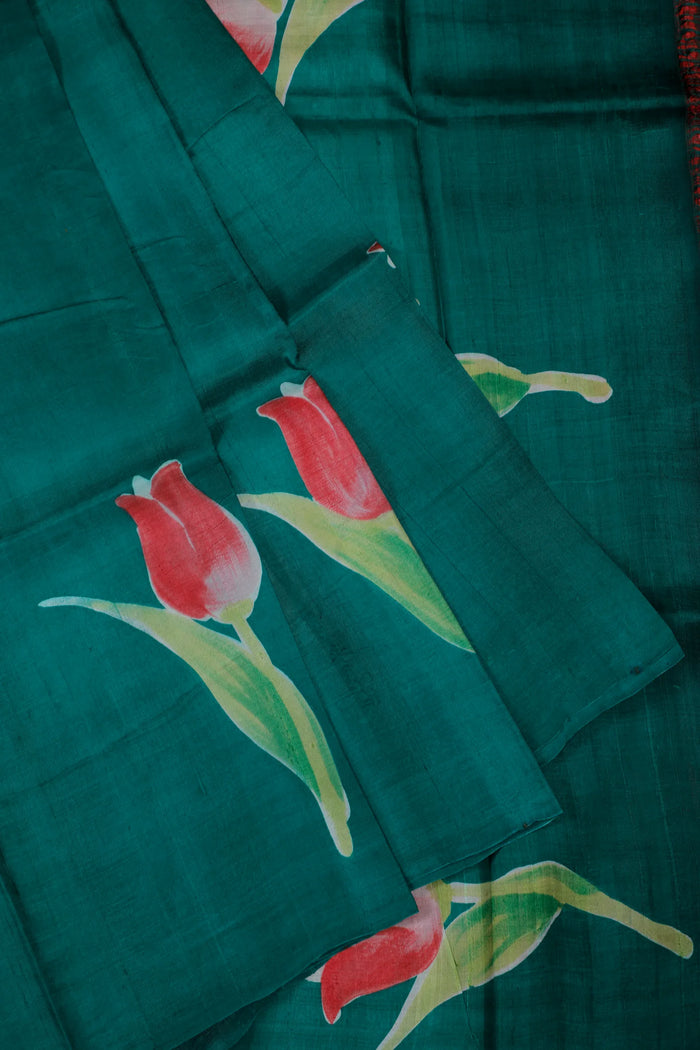Green West Bengal Pure Silk Hand Painted Saree