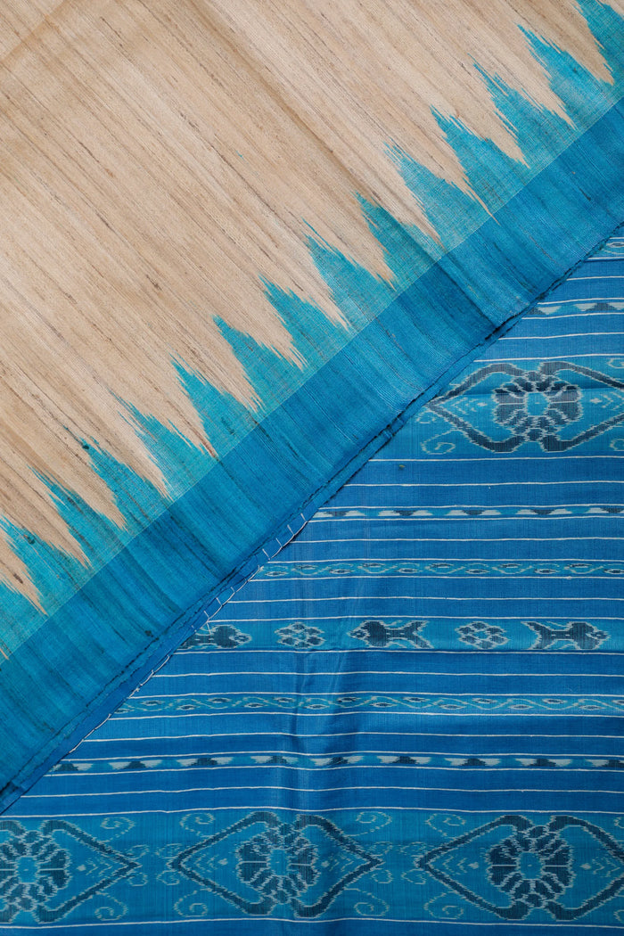 Beige Orissa Ikkat Tussar Pure Silk Handloom Saree with Blue Temple Border - detail 1