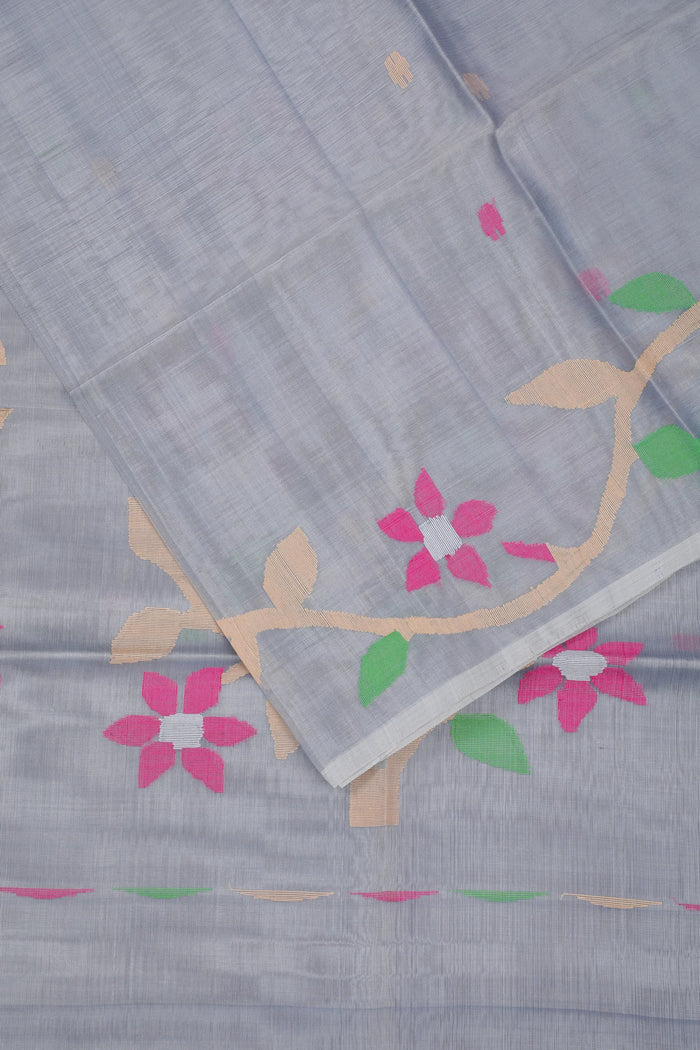 Grey Handloom Muslin Jamdani Saree - detail 2