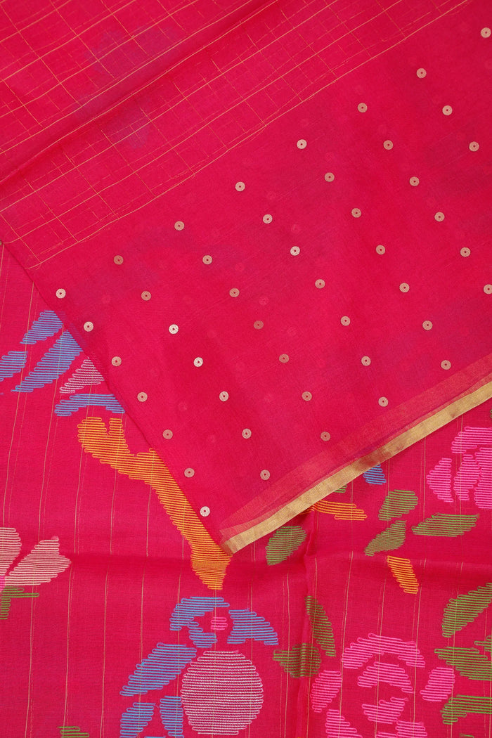 Raani Pink Handloom Muslin Jamdani Saree - detail 2