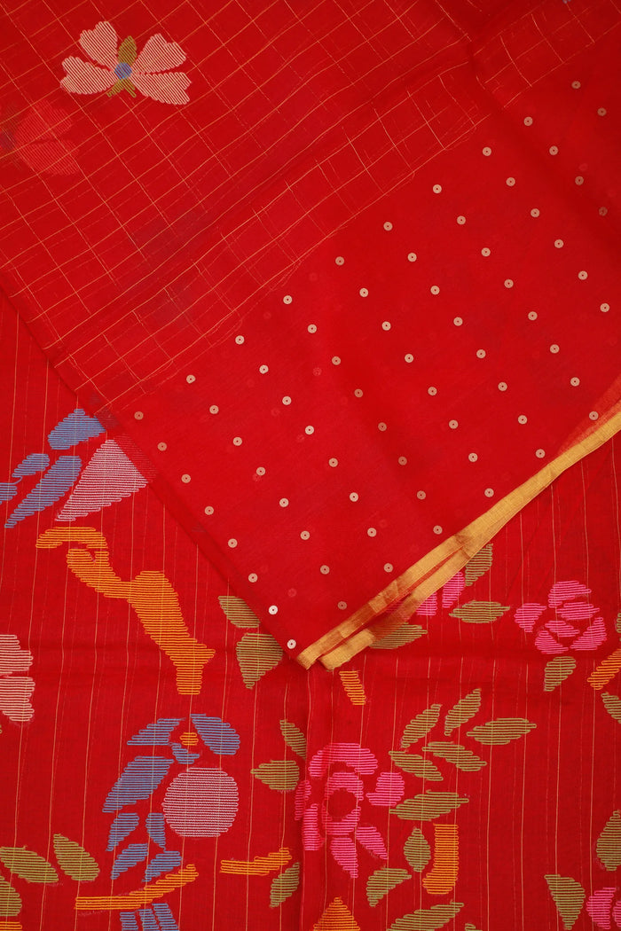 Red Handloom Muslin Jamdani Saree - detail 2