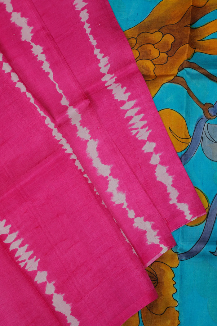 Pink Handloom Tussar Handpainted Pure Silk Saree with Kalamkari