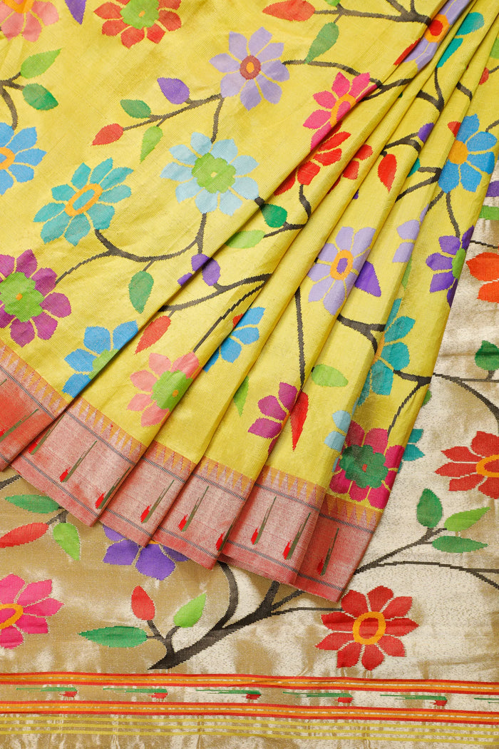 Lemon Yellow Pure Silk Handloom Tissue Paithani with All Over Design