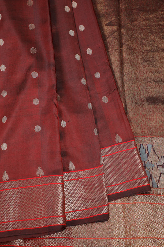 Maroon Handloom Pure Silk Chanderi Saree - Revival Design - detail 1