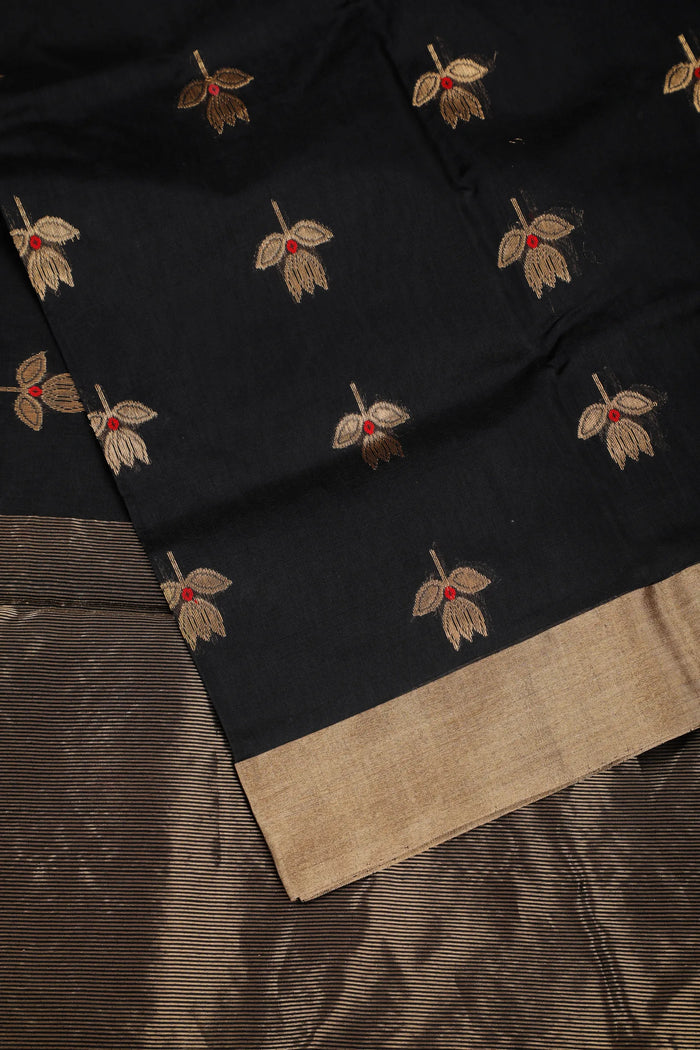 Black Handloom Pure Cotton Chanderi Saree - detail 2