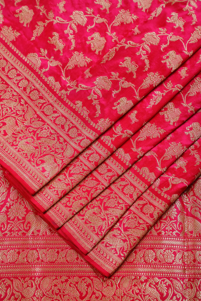 Hot Pink Handloom Real Zari Pure Silk Benarasi Saree with Shikargah Design