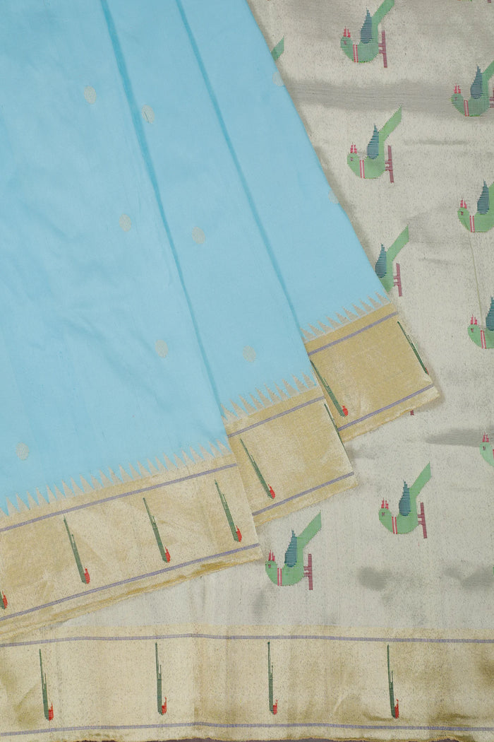 Sky Blue Handloom Pure Silk Muniya Paithani Saree with Parrot Motifs