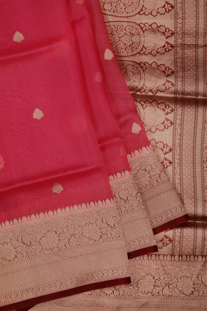 Pink Handloom Benarasi Kora Silk Saree