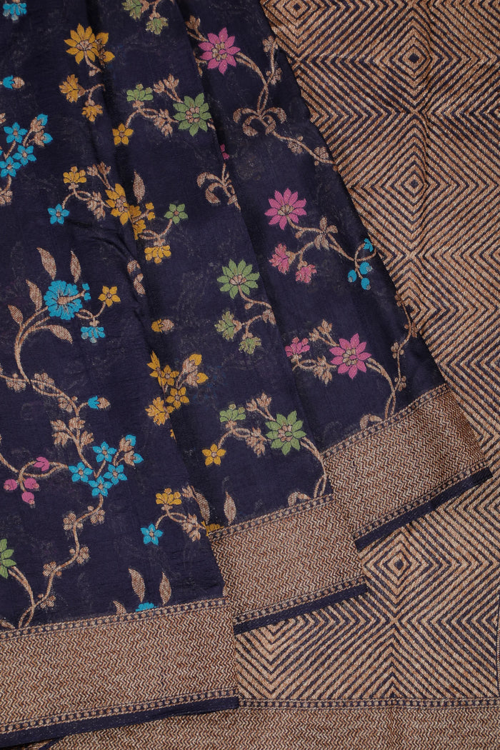 Navy Blue Powerloom Tussar Dupion Semi Silk Saree