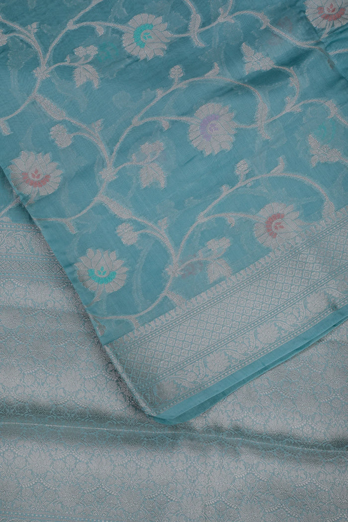 Light Blue Powerloom Benarasi Cotton Saree - detail 3