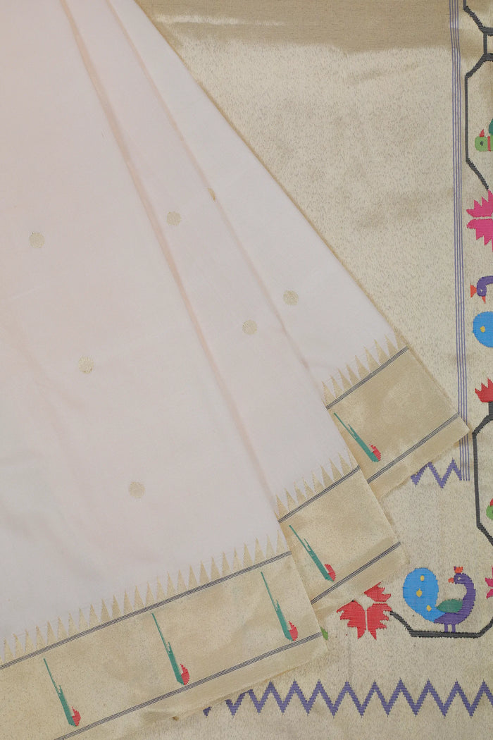 Pearl White Handloom Pure Silk Muniya Paithani Saree