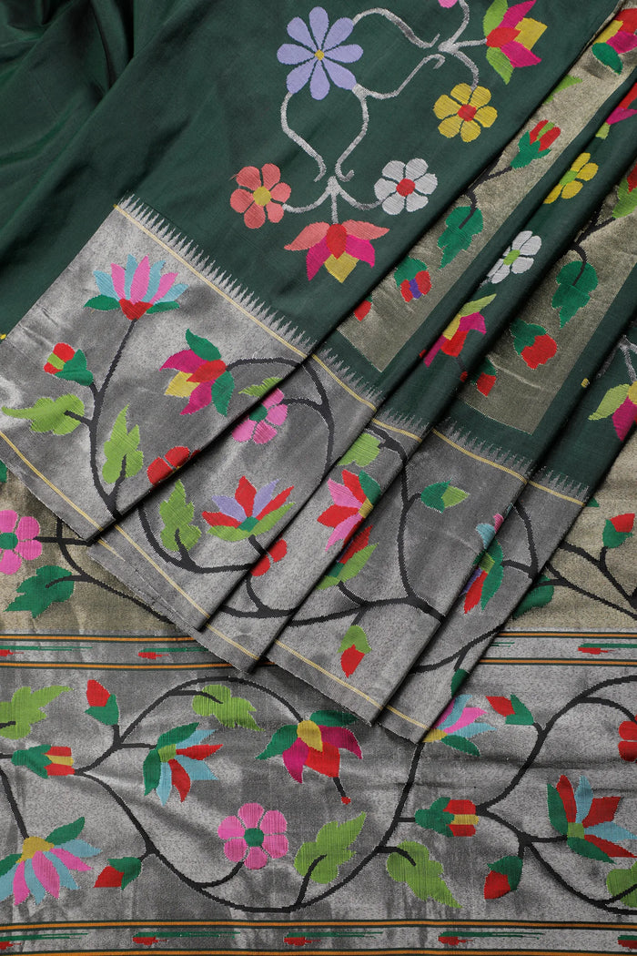 Bottle Green Pure Silk by Silk Handloom Paithani Saree with All Over Design