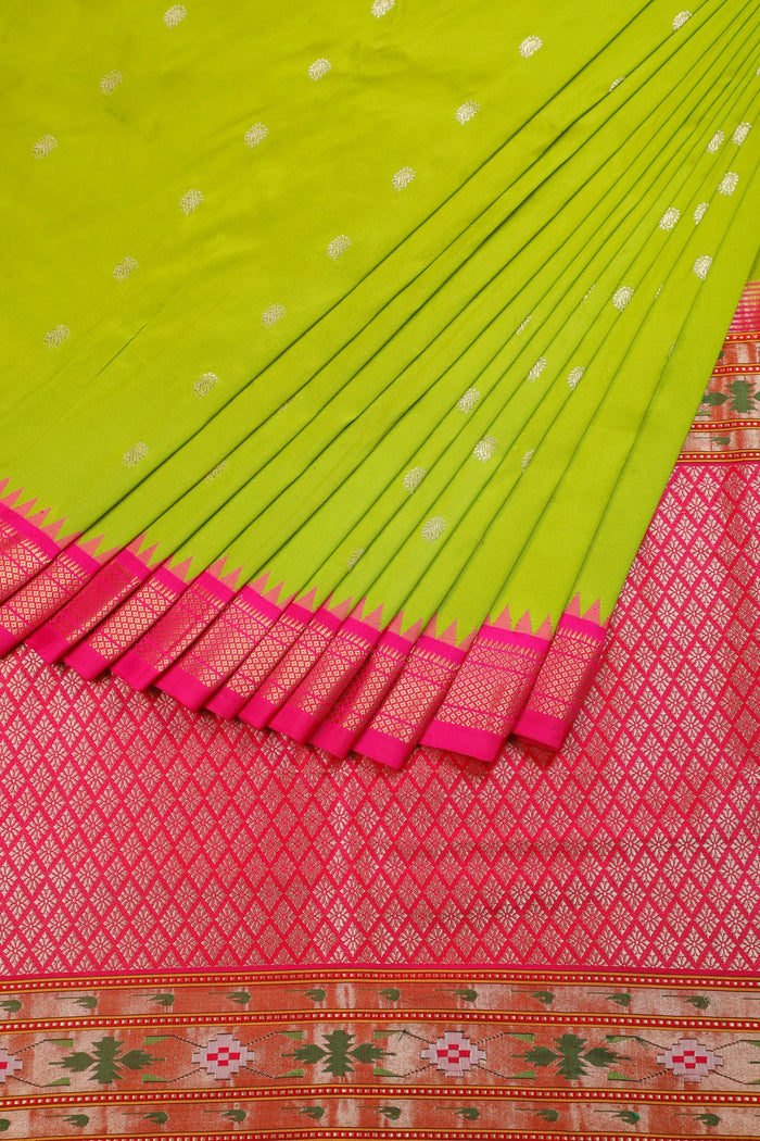Parrot Green Revival Pure Silk Handloom Paithani with Kadiyal Weave