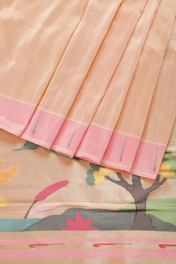 Ivory Pure Silk Handloom Tissue Paithani Saree with Stripes