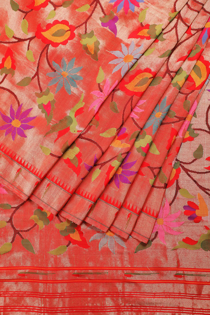 Red Pure Silk Handloom Tissue Paithani with All Over Design and Muniya Border