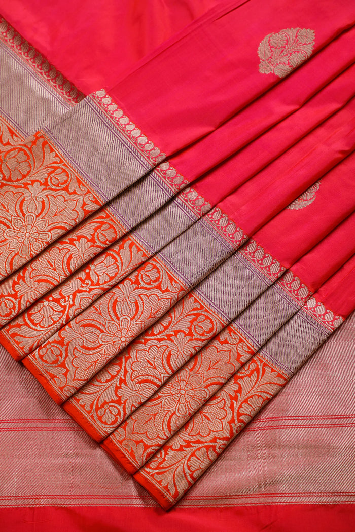 Pink and Orange Handloom Benarasi Katan Silk Saree - detail 1