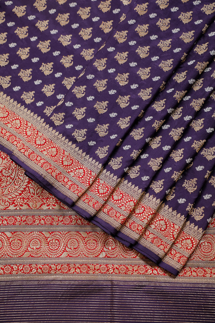 Dark Purple Handloom Real Zari Pure Silk Benarasi Saree