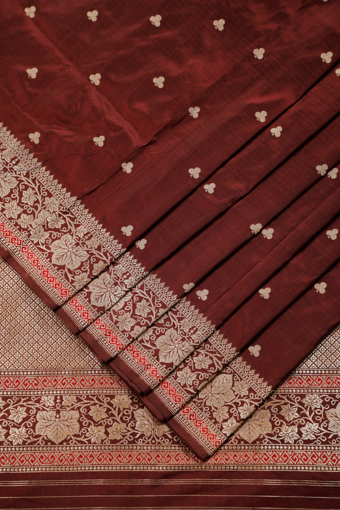 Coffee Brown Handloom Real Zari Pure Silk Benarasi Saree - Revival Design