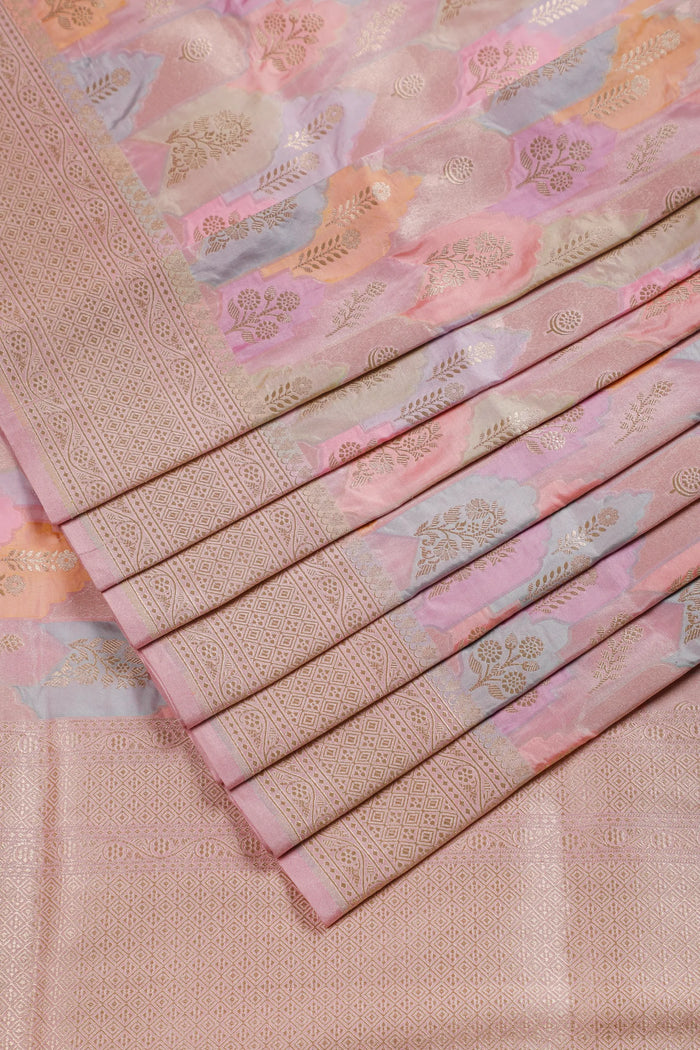 Multicoloured Pastel Handloom Benarasi Pure Silk Rangkat Saree with Floral Buttis - detail 1