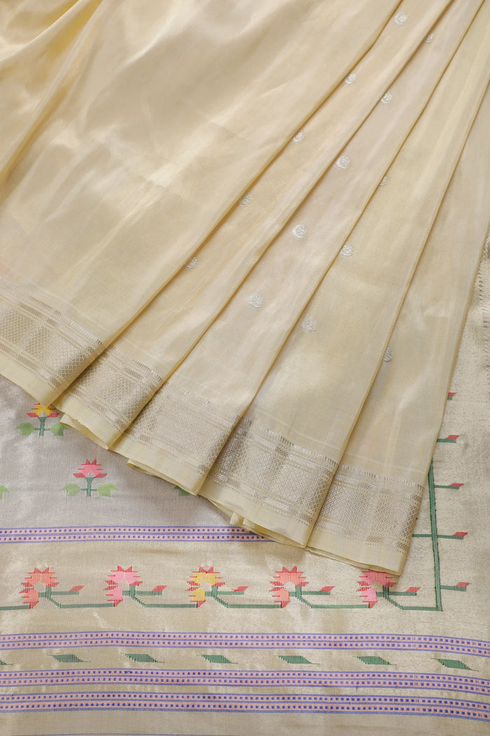 Ivory Pure Silk Handloom Tissue Paithani Saree with Asawali Pallu