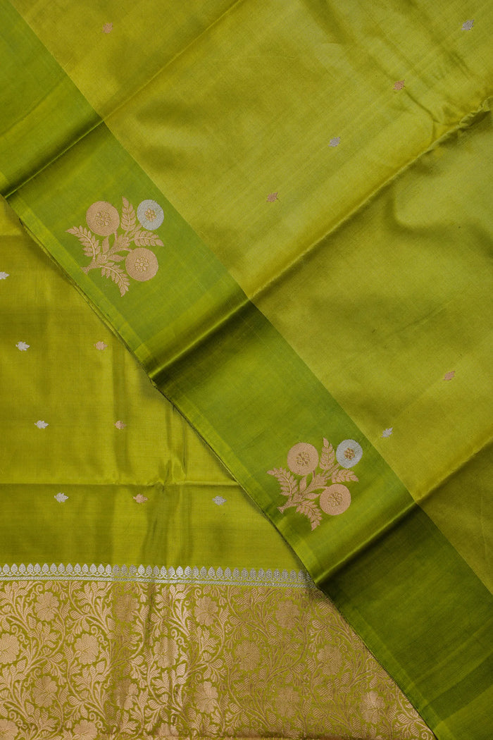 Olive Green Pure Silk Handloom Mashru Benarasi Saree with Striped Blouse Piece