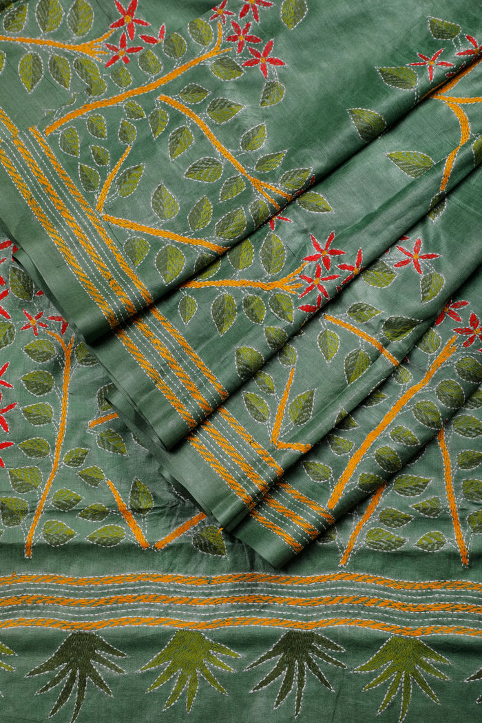 Green Handloom Pure Silk Katha Work Saree