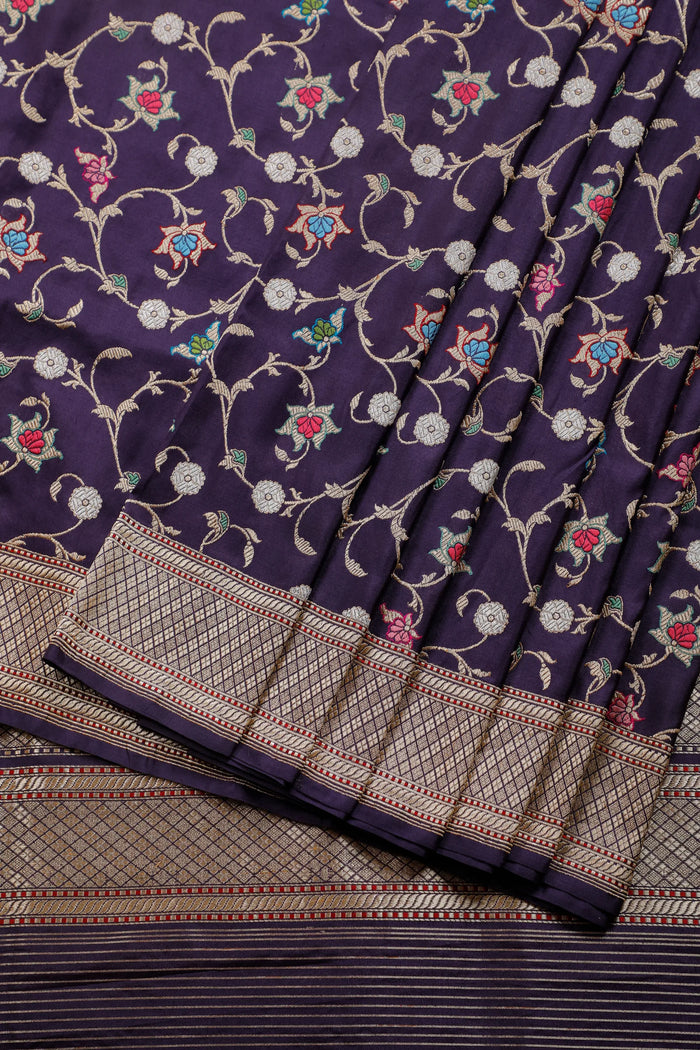 Purple Real Zari Pure Silk Benarasi Saree - Revival Design with Meenakari Work